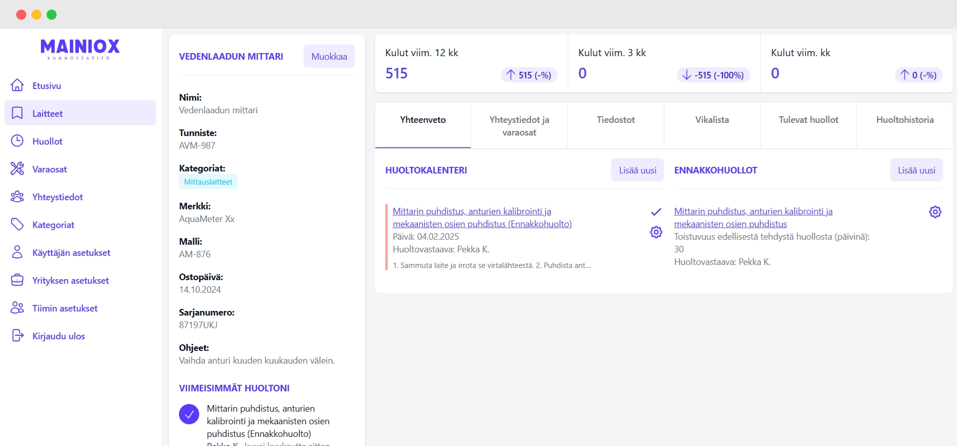 Mainiox ohjelmiston laitekortti